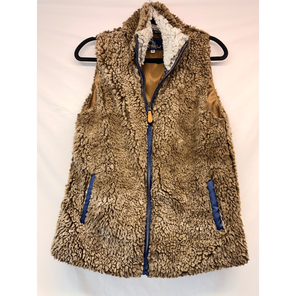 Simply Southern Womens Sherpa Vest Tan Brown Faux Fur Full Zip Pockets Medium